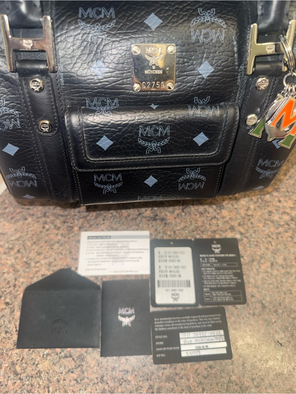 MCM Black Leather Satchel with original cards and MCM keychain EUC - Picture 2 of 12